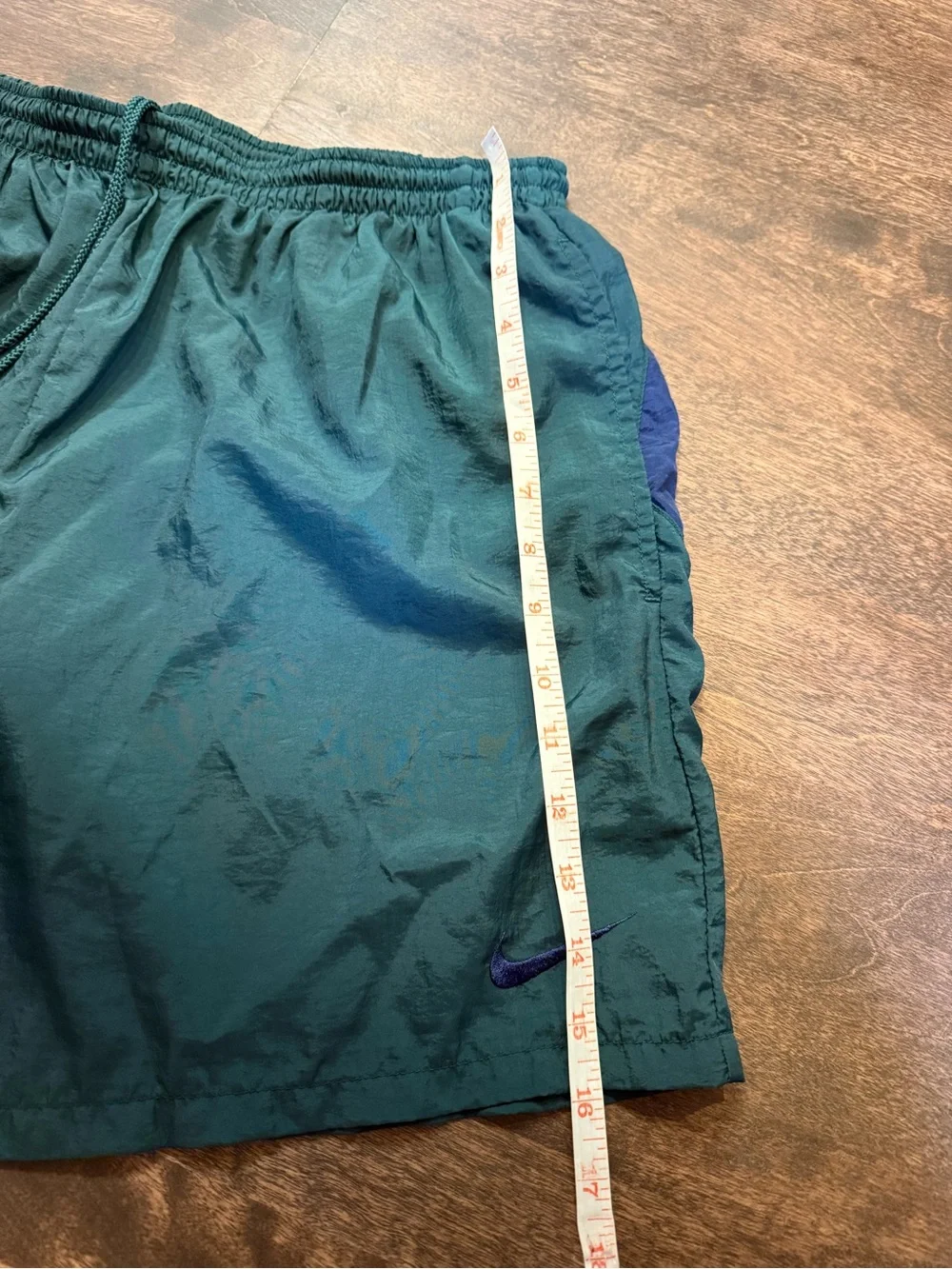 Vintage 90s Nike White Tag Big Nike Swoosh Men's Green and Navy Swim Shorts